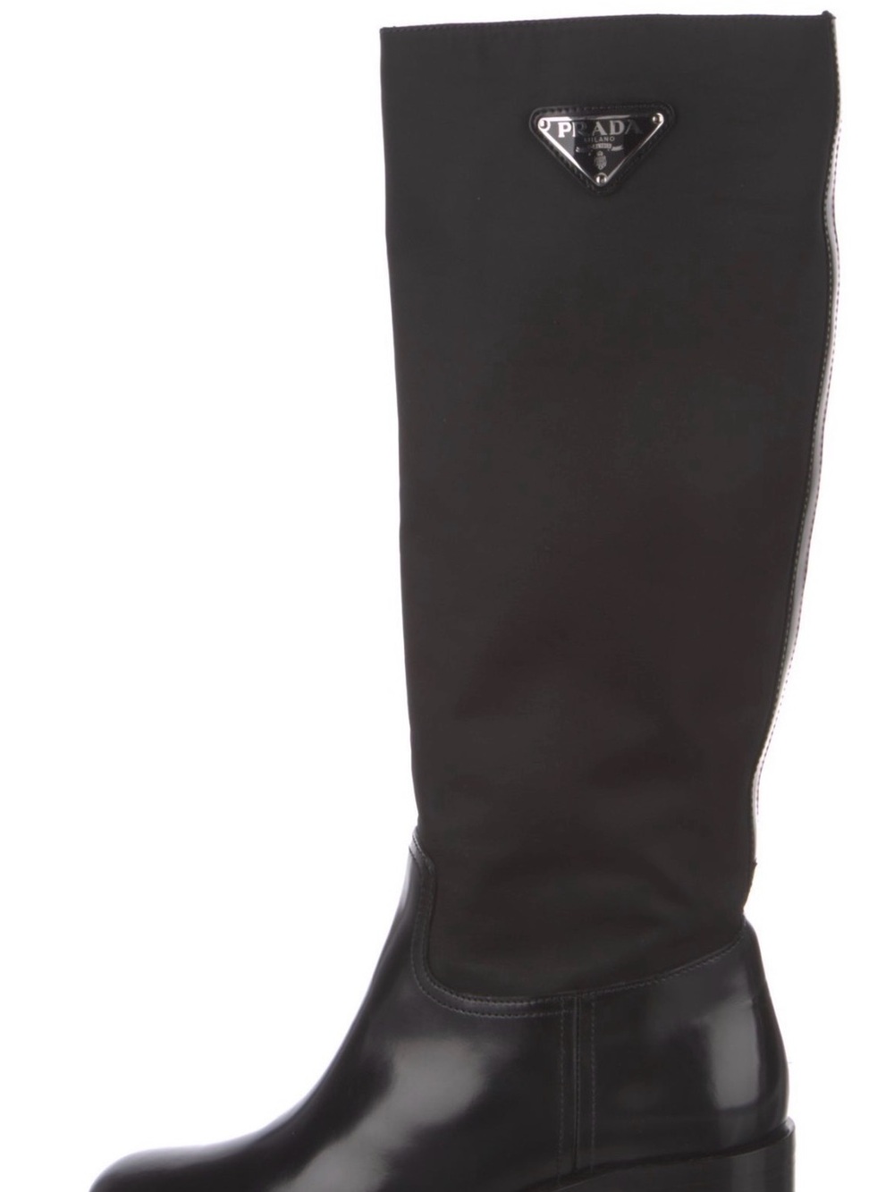Prada Black Knee-High Logo Leather & Nylon Boot
